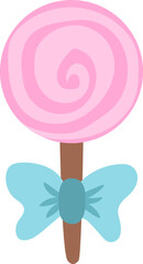 Vector pink lollypop on stick decorated with blue bow. Fairytale themed birthday dessert. Cute magic candy bar design element. Sweet caramel icon.