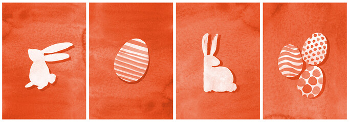 Modern Easter Postcards Set, Watercolor handmade Rabbit Eggs background orange peach and white color