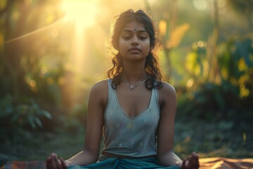 girl with mesmerizing eyes, participating in a yoga session at sunrise, radiating inner peace