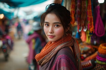 Obraz premium woman with captivating eyes, exploring a vibrant market, surrounded by colors and cultural richness