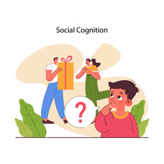 Social cognition. Human cognitive function, ability or capacity to process data about other people and social situations. Intellect development. Flat vector illustration