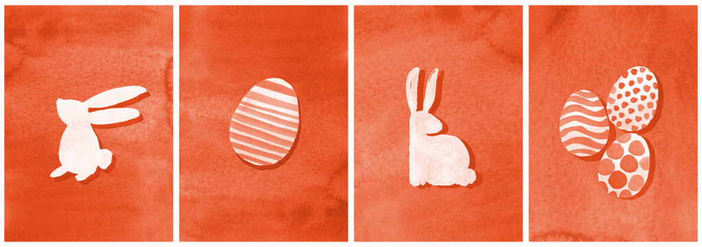 Modern Easter Postcards Set, Watercolor handmade Rabbit Eggs background orange peach and white color