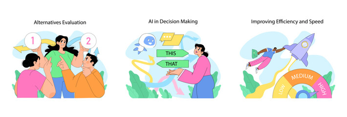 Decision making set. Examining alternatives, leveraging AI and enhancing efficiency. Characters depict swift and modern decision processes. Using technologies to make choice. Flat vector illustration