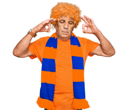 Senior hispanic man football hooligan cheering game relax and smiling with eyes closed doing meditation gesture with fingers. yoga concept.