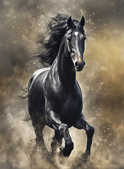 Graceful black horse captured in all its splendor in a meadow, dynamic pose, illustration for horse lovers.