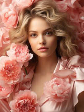 The image features a beautiful blonde woman surrounded by pink flowers, with pink flowers covering her dress. She has a bare shoulders and a gentle smile.