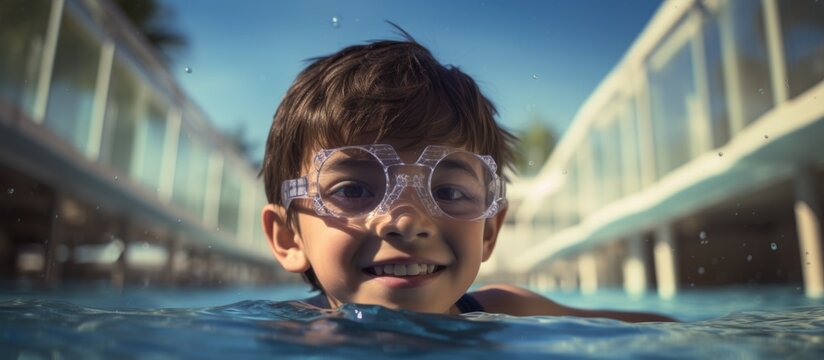 Asian boy swimming with goggles in a Middle Eastern resort pool.