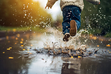 child jumping in a puddle and splashing water everywhere - obrazy, fototapety, plakaty