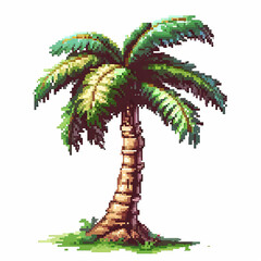 Pixelated game art 16 bit design of a palm tree on a white background