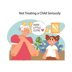 Validating emotions concept. Little girl frustration at being underestimated underscores importance of serious engagement. Empathy in parenting. Flat vector illustration