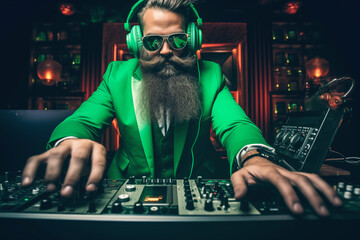 Bearded DJ wears a leprechaun costume and working spinning turntable records at Saint Patrick's Day...