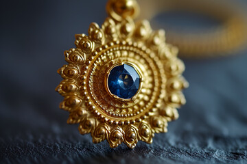 Naklejka premium close-up of a gold earring, with a gemstone in the center