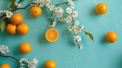 Bright citrus harmony; oranges nestled among delicate white blossoms on a vibrant aqua backdrop, a fresh spring vibe
