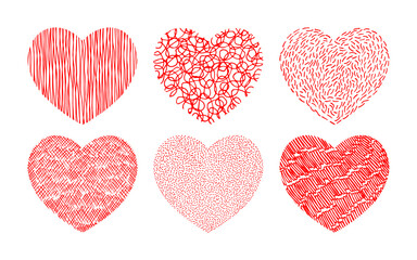 Collection of illustrated icons with red hearts. Design elements for Valentine's Day, love logo, greeting card, scrapbooking