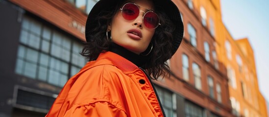 Fashionable girl in urban streetwear, sporting an orange bomber jacket, black bucket hat, and showcasing her fall-winter lookbook with attention to stylish details.
