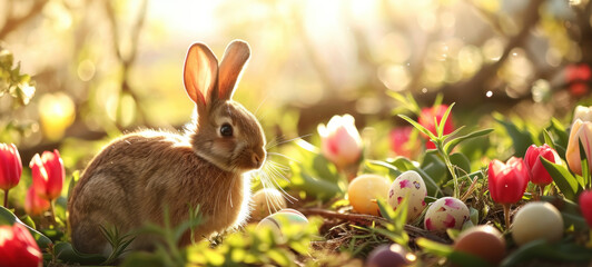 Fototapeta na wymiar Bright Easter Bunny in Lush Tulip Field with Eggs