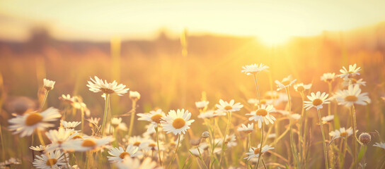 Daisies bask in the golden hour; their petals aglow as the sun dips low, painting a serene, warm end to a summer's day