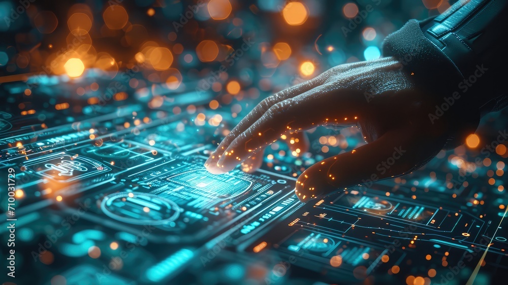 Poster showcase a businessman's hand interacting with a holographic interface filled with digital business 