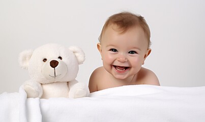 newborn baby in white blanket with stuffed teddy bear and white towel, playful humor