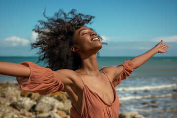 Fototapeta na wymiar Happy black woman with open arms and closed eyes on a rocky beach. Concept of freedom