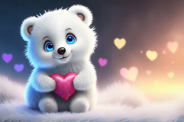 3D rendered adorable white fluffy teddy bear with blue eyes holding a heart of love.