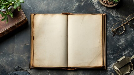 Old ancient open book notebook mockup advertising in cozy interior wallpaper background