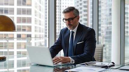 A mature businessman in a blue suit focused on work at his laptop in a modern office 