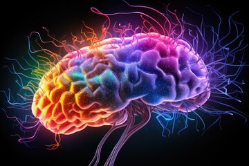 Obraz premium Colorful Brain Axon with Neural pathways shape cognitive abilities in brain anatomy. Brain health relies on neurobiology. Brain disorder and cognitive function in smoke light brain skull illustration.