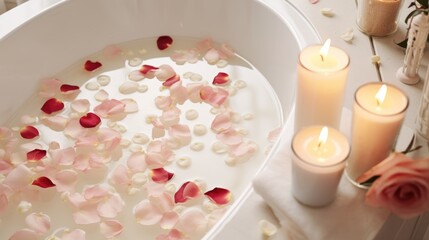 White bathroom with rose petals and candles. Romantic mood