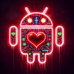 Beautiful laser etched love android, red heart neons, grunge textures.

