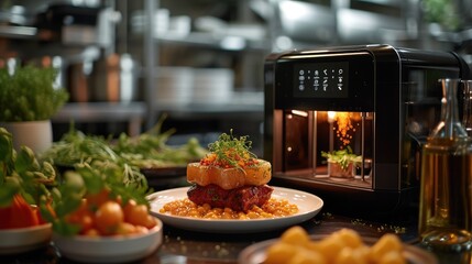 3D food printer printing a dish in a professional kitchen of a restaurant in the middle of a...