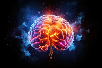 Fototapeta premium human brain light axon with fire, long-term memory, storage of information, short-term memory, mind processing informations and stimuli, brain's neurons fire, deep learning and remembering process