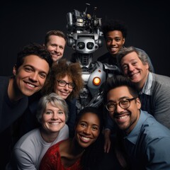 Obraz premium a selfie featuring a robot with humans of various ethnicities, emphasizing the importance of diversity and inclusion