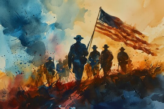 American history independence Day watercolor paint Illustration. History of America in watercolor colors. American historical people Horizontal format