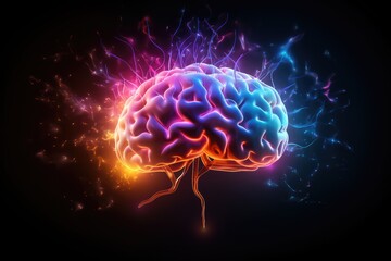 Illustration in neurology studies brain function and cognitive abilities. Colorful cognitive neuroscience neural pathways. Vivid Motley Colored brain human mind anatomy enhances cognition research.