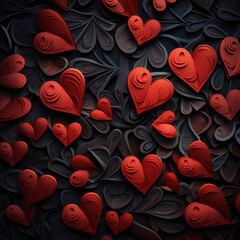 Beautiful valentines day background with red hearts on black background Generative AI