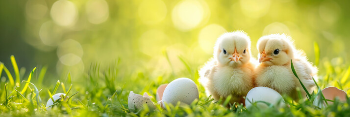 Two chicks with Easter eggs against green meadow background with copy space.