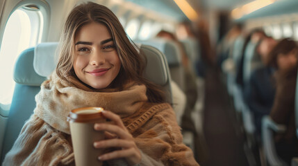 Smiling woman wrapped in a scarf, sipping coffee on plane.