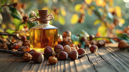 Glass bottle with hazelnut oil, Hazelnuts on branches on a wooden table on a natural background of a hazelnut garden, Healthy natural foods, Cooking oil. Generative AI.