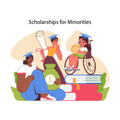 Scholarships for minorities concept. Diverse students with dreams and determination, celebrating educational grants. Financial support in education for vulnerable groups of people. Flat vector