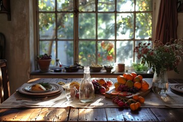 aesthetic breakfast warm neutrals images of rustic wooden tables and soft light have windows. woven placemats and linen napkins, tactile, ambiance, and vibrant fruits
