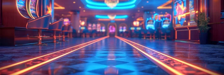 Fotobehang Blurred image of slots machines at the Casino games. Bokeh interior background cabaret, burlesque, theater, nightclub. © Yuliia