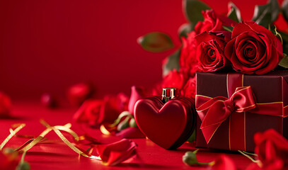 Fototapeta na wymiar red roses and gift box․Valentine gift card