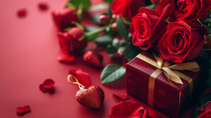red roses and gift box․Valentine gift card