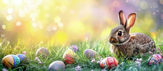 Gordijnen bunny hiding in the grass with eggs © JuJamal