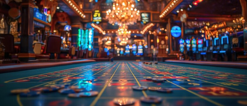 Blurred image of slots machines at the Casino games. Bokeh interior background cabaret, burlesque, theater, nightclub.
