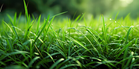 Obraz premium Dew-kissed Freshness: Close-up of Morning Dew on Vibrant Green Grass