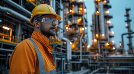 Petroleum oil refinery engineer worker in oil and gas industrial with personal safety equipment. Generative AI.