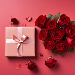 Beautiful gift box and roses on red background, flat lay with space for text. Valentine's day celebration Generative AI