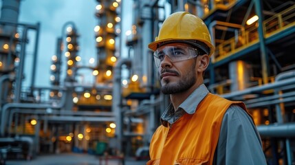 Petroleum oil refinery engineer worker in oil and gas industrial with personal safety equipment. Generative AI.